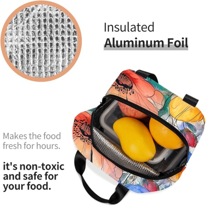 Watercolor Floral Insulated Lunch Box for Women Men， Colorful Leaf Flowers Reusable Lunch Tote Bags Thermal Cooler Lunch Bags for Office School Picnic Hiking