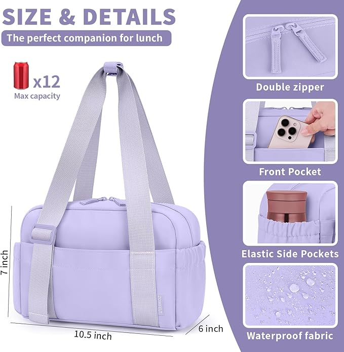 ZOMFELT Insulated Lunch Bag Women, Cute Lunch Tote Bag Lunch Box for Women, Leakproof Large Capacity Womens Lunch Bags with Adjustable Shoulder Strap for Work Office Outdoor Picnic Camping, Purple