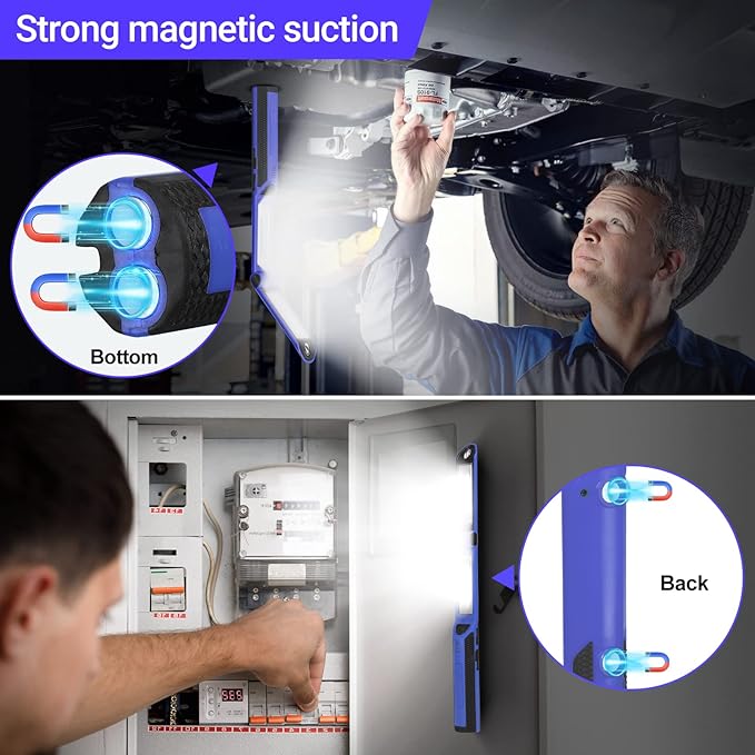 Work Light, Rechargeable LED Work Light 1500 Lumens, Portable Magnetic Work Light 180° Rotate 3 Modes, with 4 Magnetic Base and Hook Mechanic Light for Under Hood/Car Repairing/Inspection/Outdoor