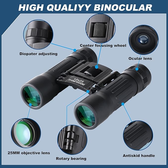 12x25 Compact Binoculars, High Powered Easy Focus Binoculars, Portable Large Eyepiece Binocular for Adults Kids Bird Watching,Opera Concert, Travel, Hiking, Outdoor Scenery, Football Game