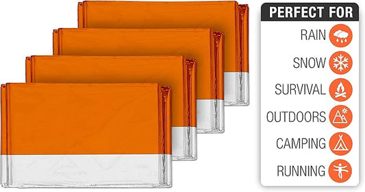 Swiss Safe Emergency Mylar Thermal Blankets + Bonus Space Blanket - Compact & Insulated for Cold Weather - Designed for NASA, Outdoor Camping, Survival, First Aid Car Kit - Orange, 4 Pack