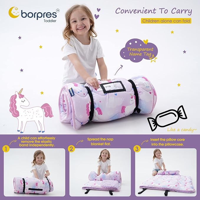 Nap Mat with Pillow Blanket Set: Sleeping Mats for Toddler Kids - Thick Large Roll up Slumber Bag for Daycare Preschool Kindergarten Boys Girls