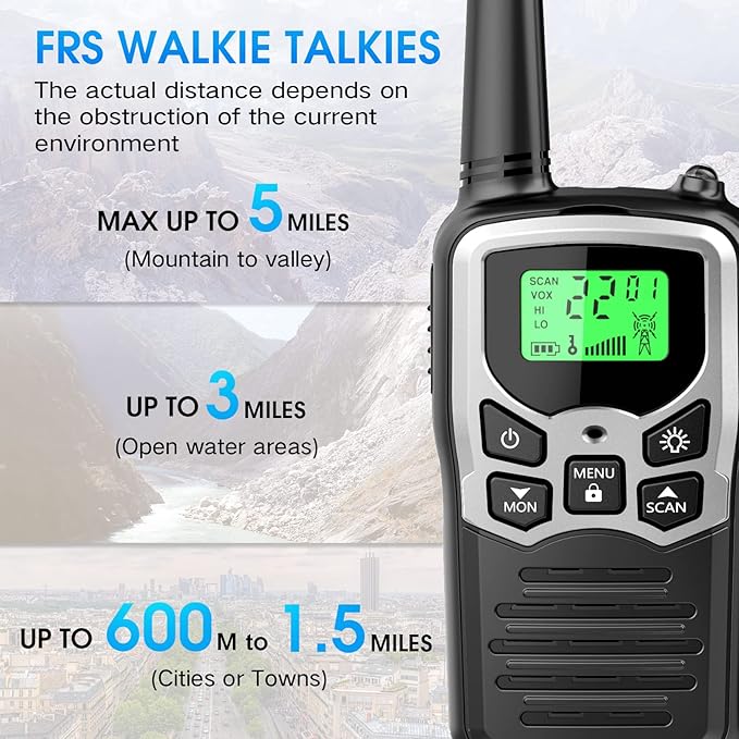 Walkie Talkies,MOICO Long Range Walkie Talkies for Adults Two-Way Radios with 22 Channels FRS VOX Scan LCD Display with LED Flashlight for Field, Survival Biking Hiking Camping 2 Pack (Silver)