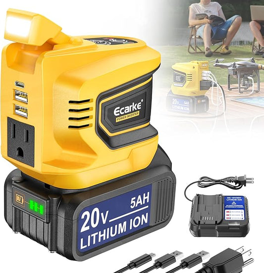 Power Inverter,200W Portable Power Station Generator for DeWALT 20V,Battery Inverter 20v to AC 110v,Supply Charger Adapter with Dual USB,AC Outlet and Type-C with 5Ah Battery & Charger Station Kit