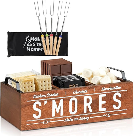 S'Mores Station, Farmhouse Smores Caddy with Handles, Smores Kit for Fire Pit Smores Maker Box, Smores Bar Station with 5Pcs Extendable Marshmallow Roasting Sticks, Camping Essentials Gear Accessories