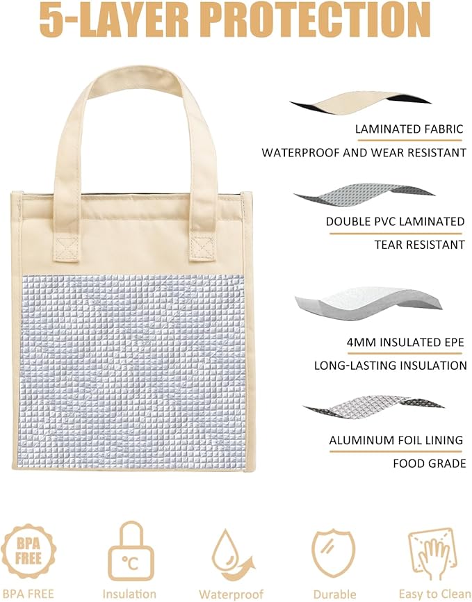 Fmeida Insulated Lunch Bag Women, Simple Lunch Tote Bags, Waterproof Thermal Cooler Lunch Bag, Reusable Adult Lunch Box Bag for Women | 9L Beige, Front&Side&Interior Pockets