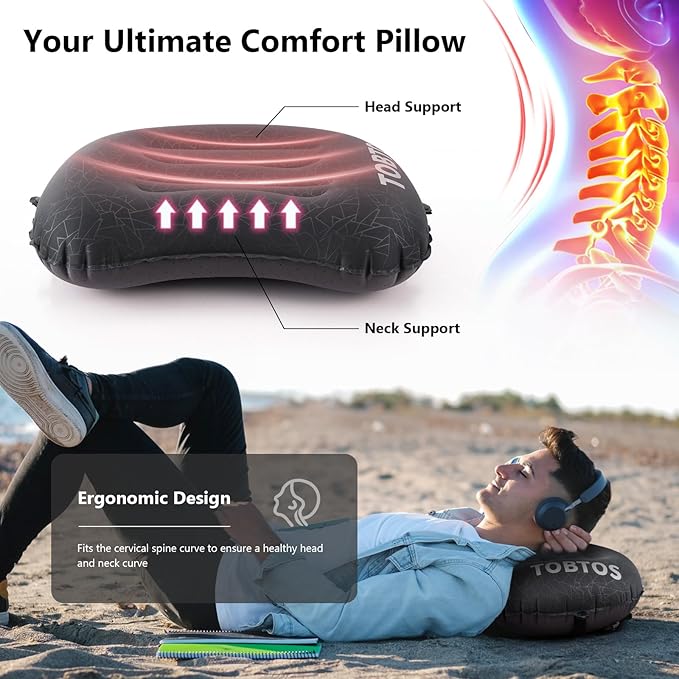 TOBTOS Camping Pillow Inflatable Pillow for Camping, Ultralight Backpacking Pillow, Ergonomic Support for Neck & Lumbar, Blow Up Air Pillow for Travel, Hiking, Outdoor (Black), 17x12