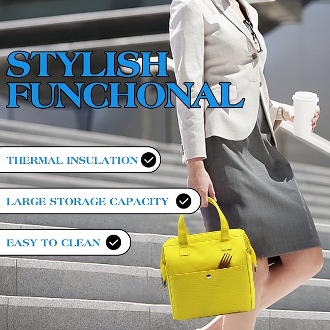 Mziart Insulated Lunch Bag Simple Bento Cooler Bag Lunch Tote Bag for Lunch Box for Women Men Adult Picnic Working Hiking Beach (Yellow)