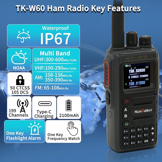 Waterproof Walkie-Talkies GMRS Ham Radio: MaxTalker TK-W60 Construction Radios Walkie Talkies 8W with Tactical Antenna, Multi-Band UHF VHF Radio, Rechargeable Heavy Duty Walkie Talkies Long Range 2PCS
