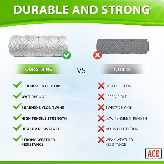 Bright White Mason Line String Line - #18 Braided Nylon String - 1,000 Ft Length - Nylon Twine for Gardening Or Masonry Tools - Construction String for String Level, Twine String for Gardening