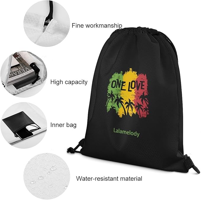 One Love Reggae Rasta Black Drawstring Backpack Waterproof Sackpack Camping Shopping Bag for Women Men