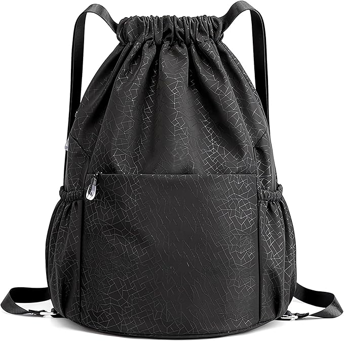 Drawstring Backpack Sports Yoga Sackpack for Women Men Waterproof Nylon Gym Sack DayPack with Multi Pockets (Black)