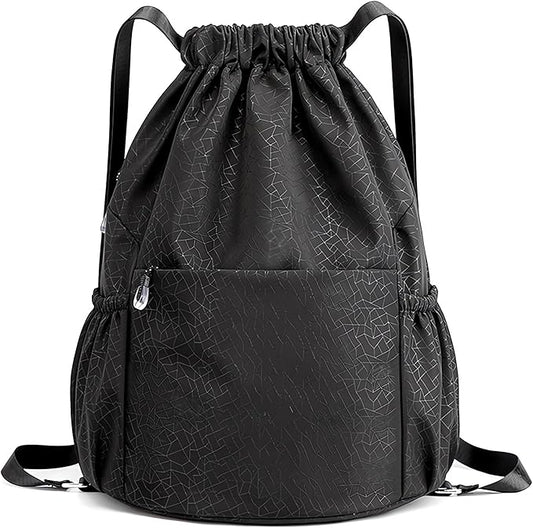 Drawstring Backpack Sports Yoga Sackpack for Women Men Waterproof Nylon Gym Sack DayPack with Multi Pockets (Black)