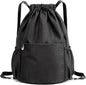 Drawstring Backpack Sports Yoga Sackpack for Women Men Waterproof Nylon Gym Sack DayPack with Multi Pockets (Black)