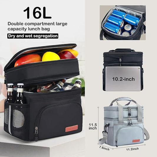Lunch Box For Men/Women,Large Double-layer Insulated Expandable Reusable Leakproof Cooler Bags For Adults,Lunch Bag With Adjustable Shoulder Strap For Office Travel Picnic（Gray）