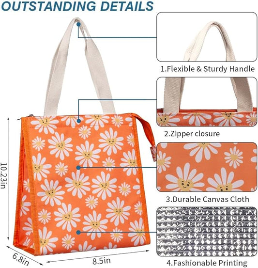 iknoe Insulated Lunch Bag for Women, 9L Durable Wide-Open Foldable & Portable Lunch Tote with Interior Pockets, Water-Resistant Thermal Lunch Cooler for Adults Picnic Beach (Daisy)