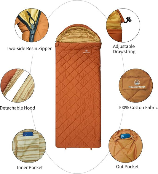 100% Cotton Shell and Lining Sleeping Bag for Adult Cold Weather with Compression Bag&Carry Bag for Camping,Travel and Car Camping