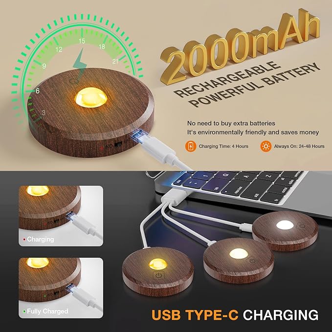 Puck Lights with Remote Control,2000mAh Rechargeable Under Counter Lighting,3 Color Temperatures Dimmable Under Cabinet,Closet Light,3Pack Tap Light for Hallway (Wood Color, 5 Pcs)