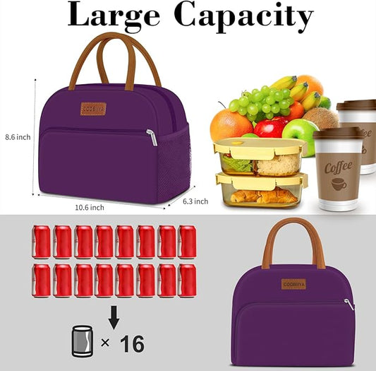 Coobiiya Lunch Bag Women, Lunch Box for Women Adult Men, Small Leakproof Cute Lunch Tote Large Capacity Reusable Insulated Cooler Lunch Container for Work/Office/Picnic/Travel-Purple