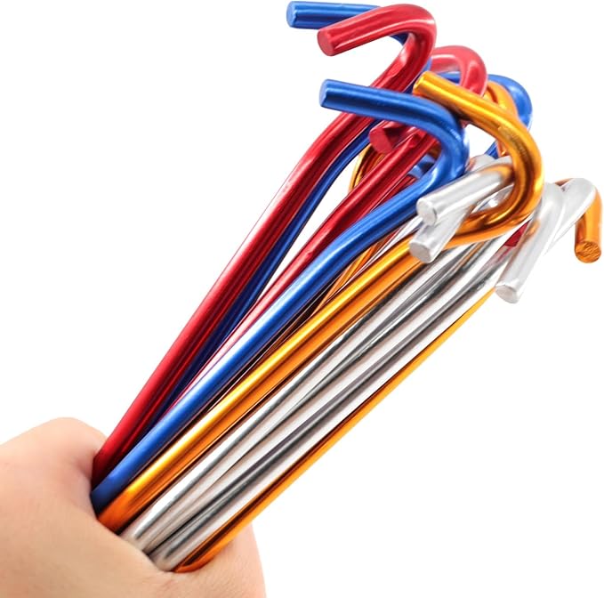 GEEWAY 7 Inch Aluminium Tent Stakes for Secure Ground Support，Perfect for Outdoor Decorations and Tarps, Stakes for Inflatables, Garden Edging Fence Hooks Pegs Heavy Duty Colorful Metal Stakes 16 Pack