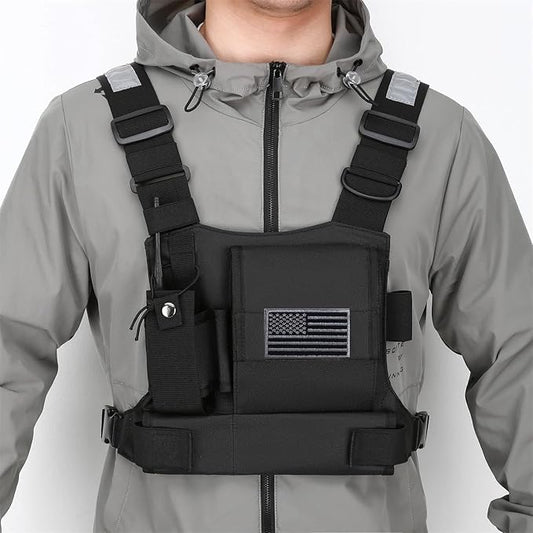 Chest Bag Vest Rig For Two Way Radio Walkie Talkie Universal Hands Freely Front Chest Pack Radio Holster With Phone Holder Hiphop Harness Bag (Coal)