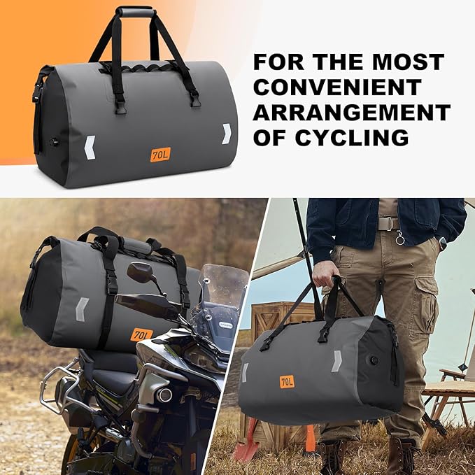 Motorcycle Dry Bag, Waterproof Duffel Bag & Roll-top Dry Duffel Bag, Motorcycle Luggage Travel Bag with Air Valve & Quick-adjust Straps For Riding,Travel, Grey，70L