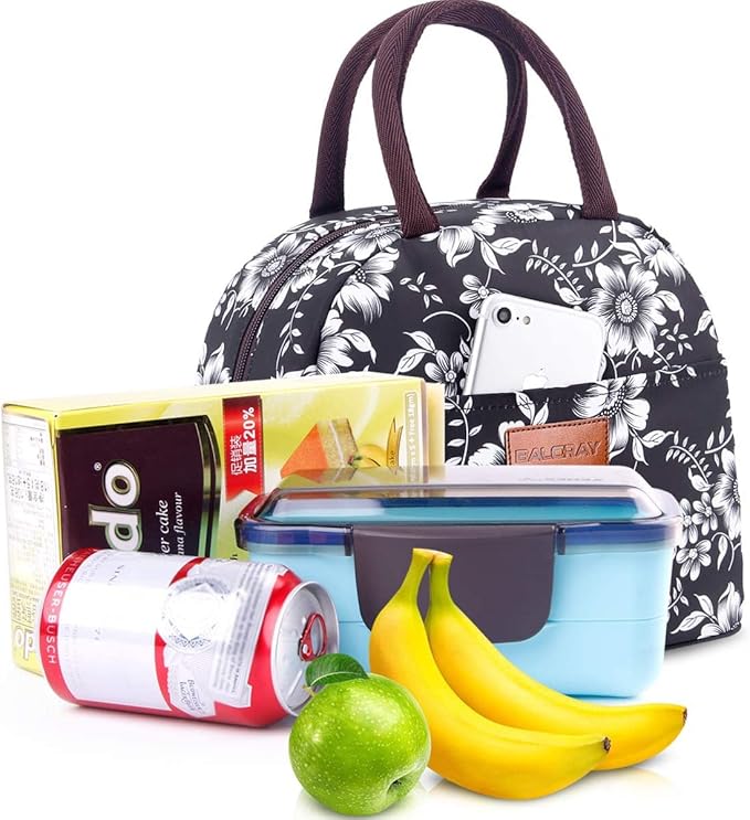 BALORAY Lunch Bag for Women Men Insulated Lunch Box for Adult Reusable Lunch Tote Bag for Work, Picnic or Travel (White Flower)
