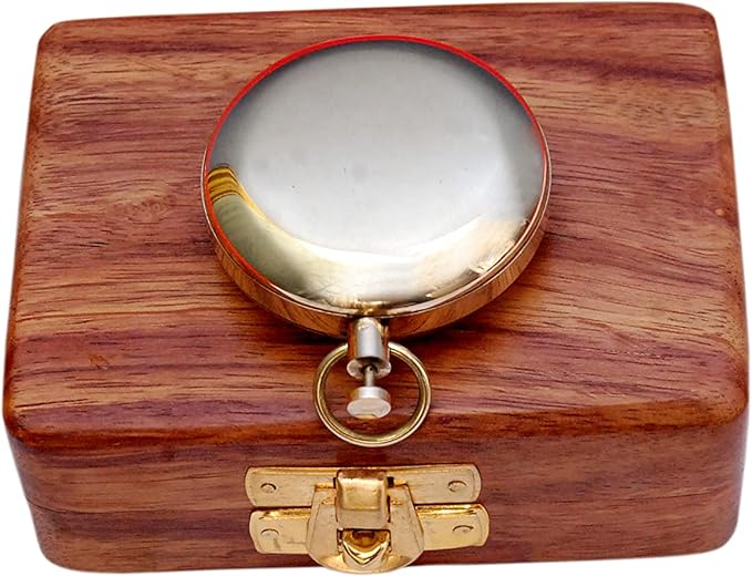 Brass Nautical Compass with Wooden Case - Antique Brass & Copper Sun Clock for Camping, Hiking, Touring - Engraved Gift for Him - Nautical Clock - Compass Gift
