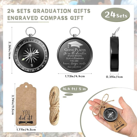Coume 2025 Inspirational Graduation Gifts Engraved Compass for Middle Senior College Graduate Student Compass with You Did It Diploma Sign Tag Gift for Travel Grad Souvenir Favor(Black,24 Set)