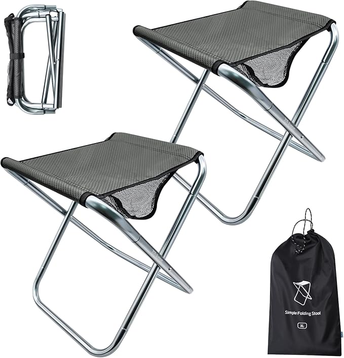 2 Pack Camping Stool, 16in Tall Large Size Folding Stool with Carry Bag, Aluminum Alloy Bracket, 1.5lbs Lightweight, Load Capacity to 300lbs, for Travel, BBQ, Fishing(2 Pack Grey)