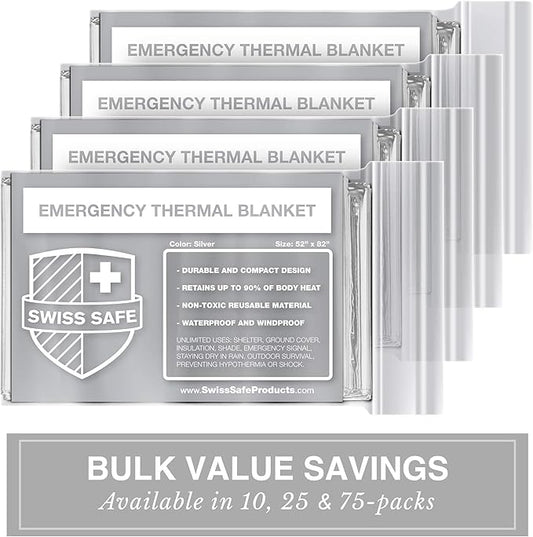 Swiss Safe Emergency Mylar Thermal Blankets + Bonus Space Blanket - Compact & Insulated for Cold Weather - Designed for NASA, Outdoor Camping, Survival, First Aid Car Kit - Silver, 10 Pack