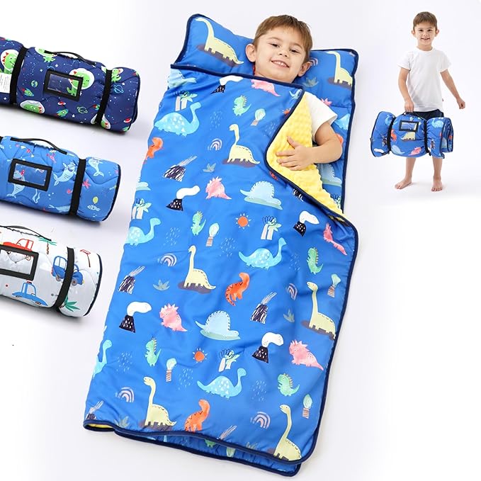 Nap Mat with Pillow Blanket Set: Sleeping Mats for Toddler Kids - Thick Large Roll up Slumber Bag for Daycare Preschool Kindergarten Boys Girls