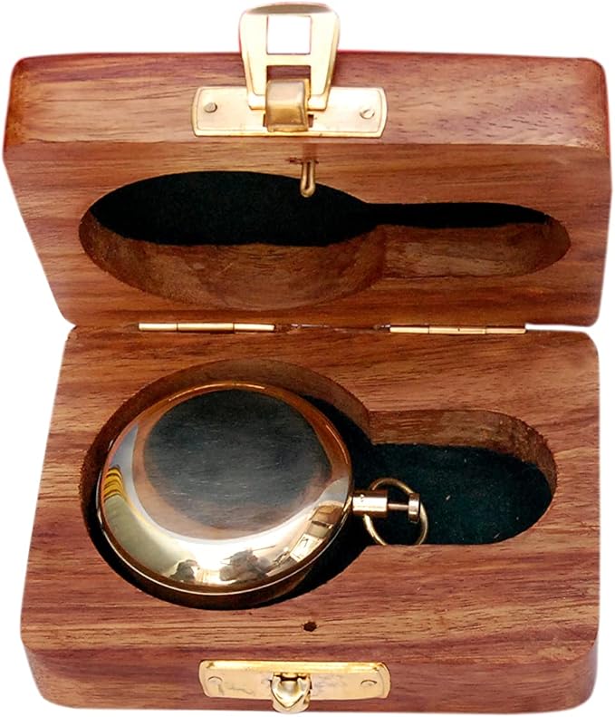 Brass Nautical Compass with Wooden Case - Antique Brass & Copper Sun Clock for Camping, Hiking, Touring - Engraved Gift for Him - Nautical Clock - Compass Gift