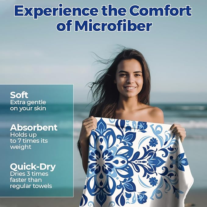 Microfiber Beach Towels - Soft & Lightweight - Absorbent, Quick Dry, Sand Free - Perfect for Beach, Pool, Travel, Camping, Picnic, Yoga - Matching Travel Bag - XL - Mediterranean Blue