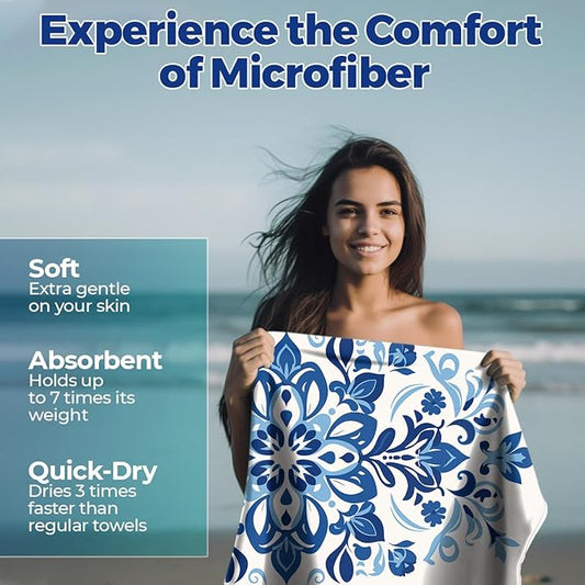Microfiber Beach Towels - Soft & Lightweight - Absorbent, Quick Dry, Sand Free - Perfect for Beach, Pool, Travel, Camping, Picnic, Yoga - Matching Travel Bag - XL - Mediterranean Blue
