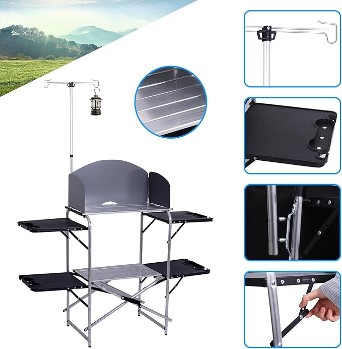 Nice C Camping Kitchen Station, Camping Table, Picnic Table, Grill Table, Folding Table, Upgrade Light Stand and Windshield Cooking Station & Organizers, Carry Bag for Beach, Picnic (Silver/Black)