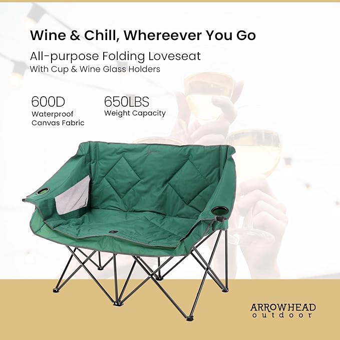 ARROWHEAD OUTDOOR Portable Folding Double Duo Camping Chair Loveseat w/ 2 Cup & Wine Glass Holder, Heavy-Duty Carrying Bag, Padded Seats & Armrests, Supports up to 500lbs, USA-Based Support