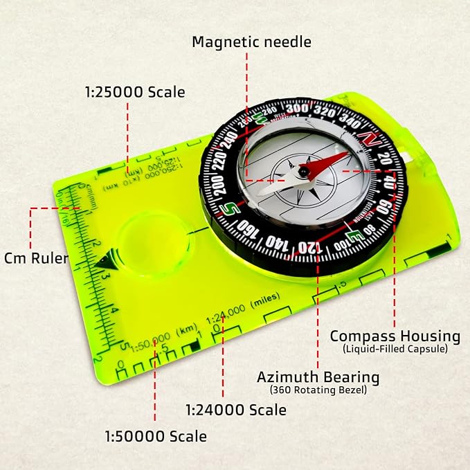 Posinly Advanced Orienteering Compass - Survival Whistle, Map Reading Field Compass for Camping, Hiking & Navigation, Great for Kids