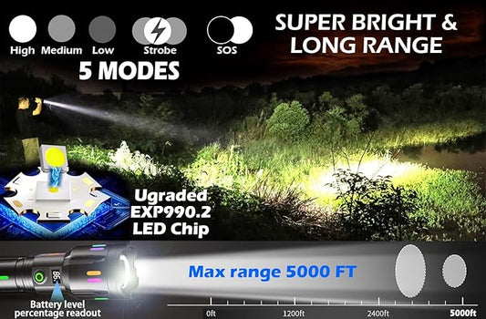 LED Flashlight, Rechargeable Flashlights High Lumens Bright 990000 Lumen, 5 Mode Tactical Flash Light Powerful IPX7 Waterproof Zoomable Focus for Emergency Camping Essential Hiking Gear Fishing Home