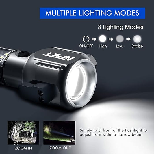 NPET T10-5 Solar Flashlight Car Flashlight Zoomable 1000 Lumens LED COB Light USB Rechargeable Tactical Multi-Function Torch Emergency Tool with Window Breaker Seat Belt Cutter Compass Siren