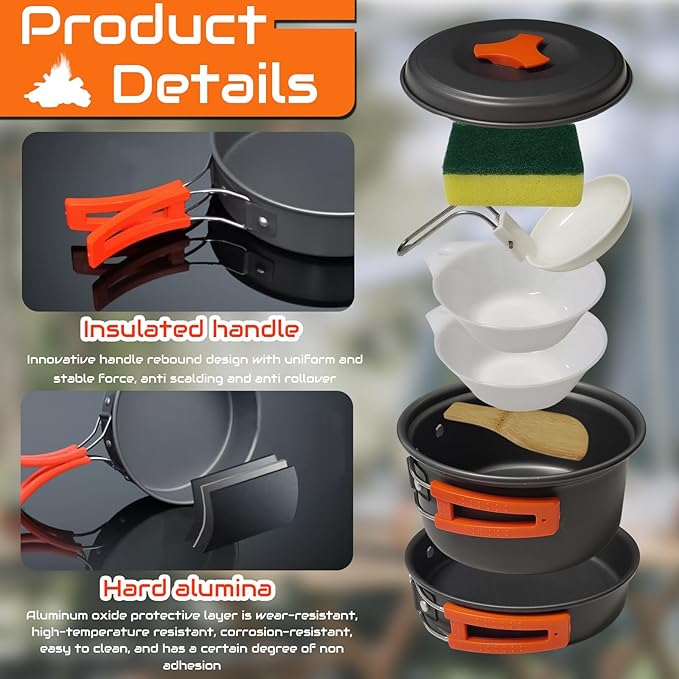 7Pcs Camping Pan Set - Backpack Cookware Pot and Pans Set, Survival Cooking Kit for Hiking, Picnic