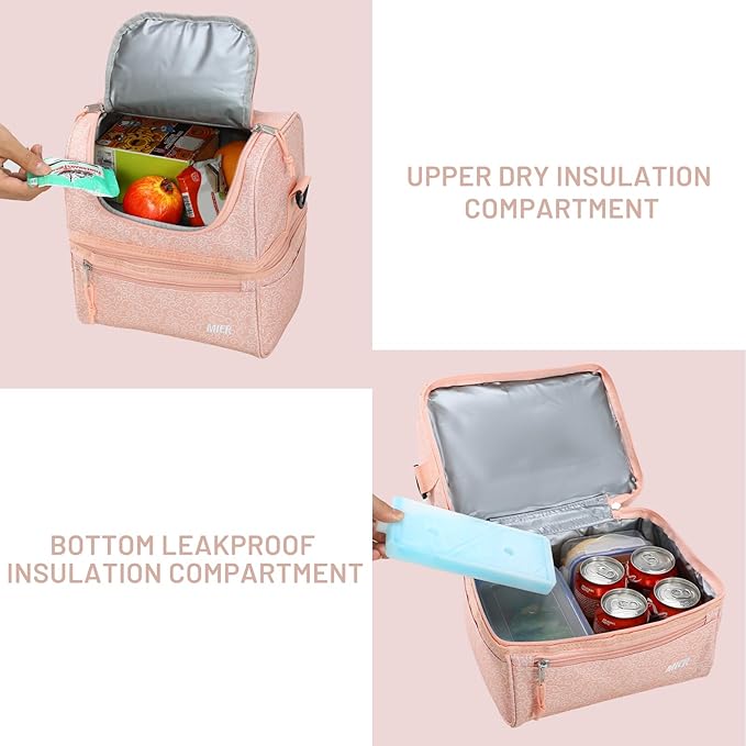 MIER Adult Lunch Box Insulated Lunch Bag Large Cooler Tote Bag for Men Women to Work Travel Daytrip, Double Deck Cooler (Pink Floral, Large)