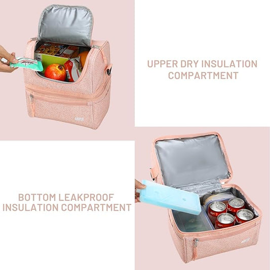 MIER Adult Lunch Box Insulated Lunch Bag Large Cooler Tote Bag for Men Women to Work Travel Daytrip, Double Deck Cooler (Pink Floral, Large)