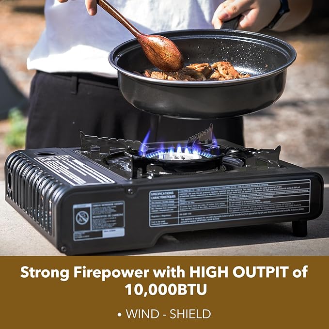 The First Penguin Portable Camping Stove - with Carrying Case 10,000 BTU Great for Emergency Preparedness Kit, High Power Butane Stove, Perfect for Camping, Hiking and Emergency-Grey