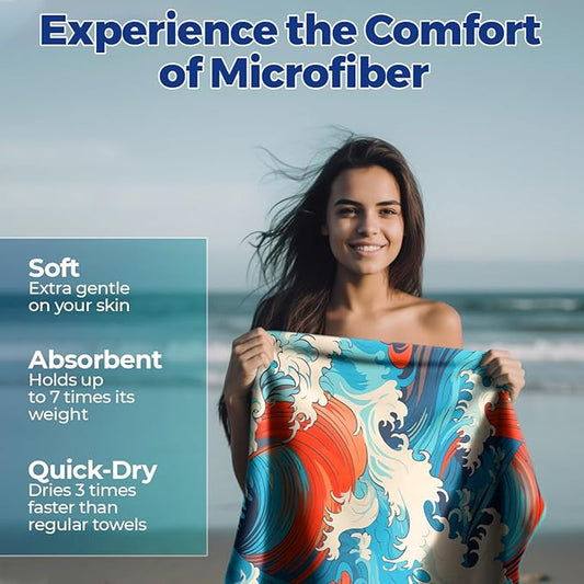 Microfiber Beach Towels - Soft & Lightweight - Absorbent, Quick Dry, Sand Free - Perfect for Beach, Pool, Travel, Camping, Picnic, Yoga - Matching Travel Bag - Large - Tidal Symphony