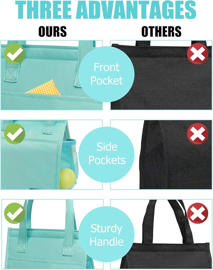 Fmeida Insulated Lunch Bag for Women, Simple Lunch Bag, Thermal Adult Lunch Totes, Reusable Lunch Boxes for Office College Beach Travel | Medium Mint Blue, Front&Side&Interior Pockets