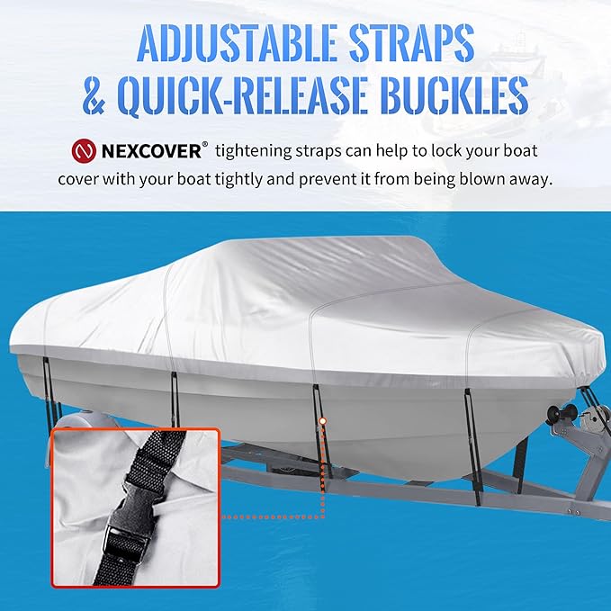 NEXCOVER Trailerable Boat Cover, Length: 16'-18.5' Beam Width: up to 94", Waterproof Heavy Duty Cover, Fits V-Hull, TRI-Hull, Runabout, Pro-Style, Bass Boat, Storage Bag & Tightening Straps Included.