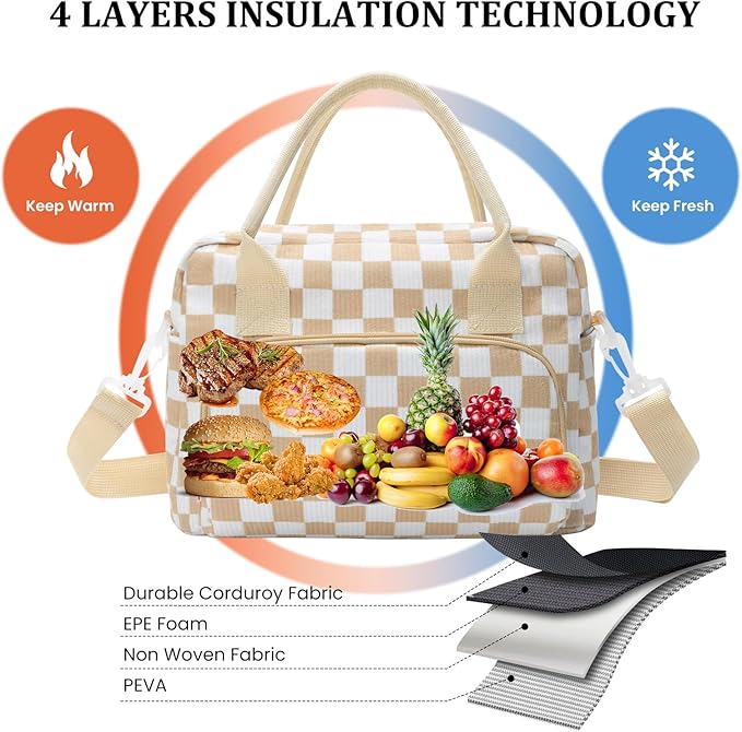 Insulated Lunch Bag for Women Men Large Reusable Lunch Box Adult Leakproof Portable Cooler Tote Bags for Work Picnic (khaki plaid)