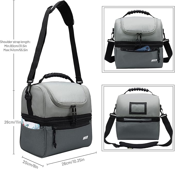 MIER Adult Lunch Box Insulated Lunch Bag Large Cooler Tote Bag for Men, Women, Double Deck Cooler （Dark Grey/Grey, Large）