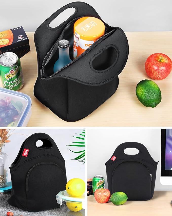 Yookee Home Neoprene Lunch Bag for Men, Black with Pocket, 12.5"L x 6.5"W x 12.5"H